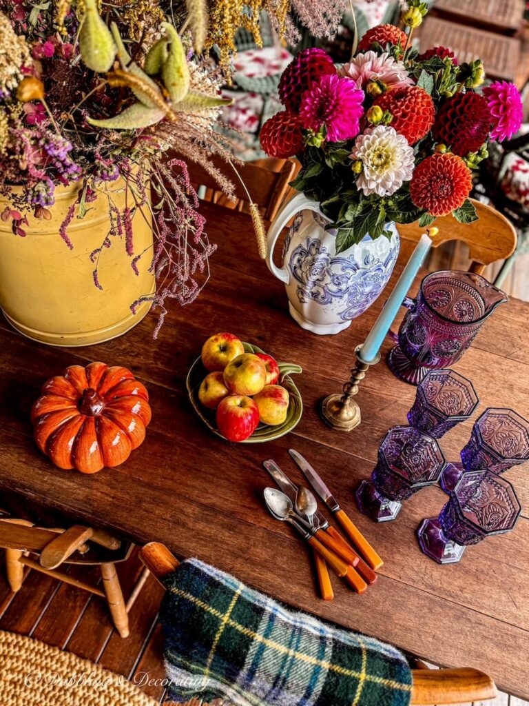 colorful fall table setting with vintage finds from Goodwill Northern New England fall decor ideas.