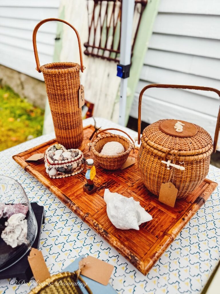 Collection of Nantucket Baskets on tray at Vintage and Vogue Market in Kensington, New Hampshire.