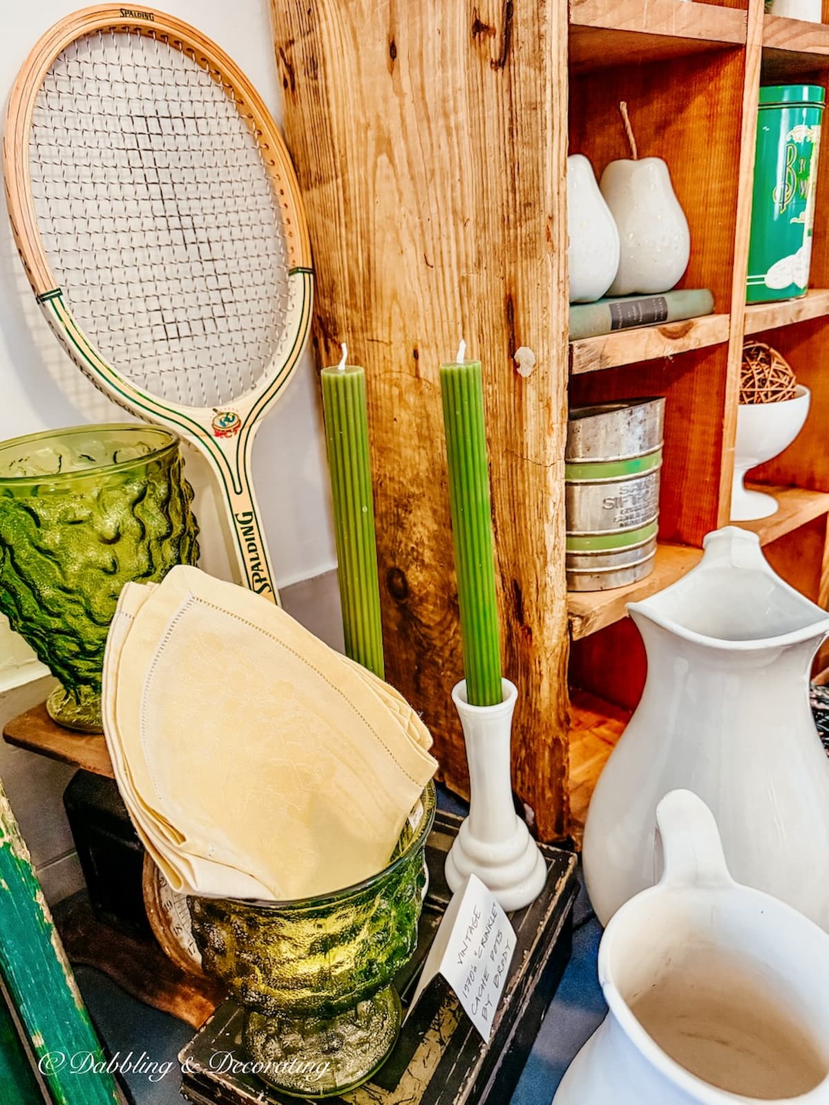 Vintage retro green items at Vintage and Vogue Market in New Hampshire pop-up.