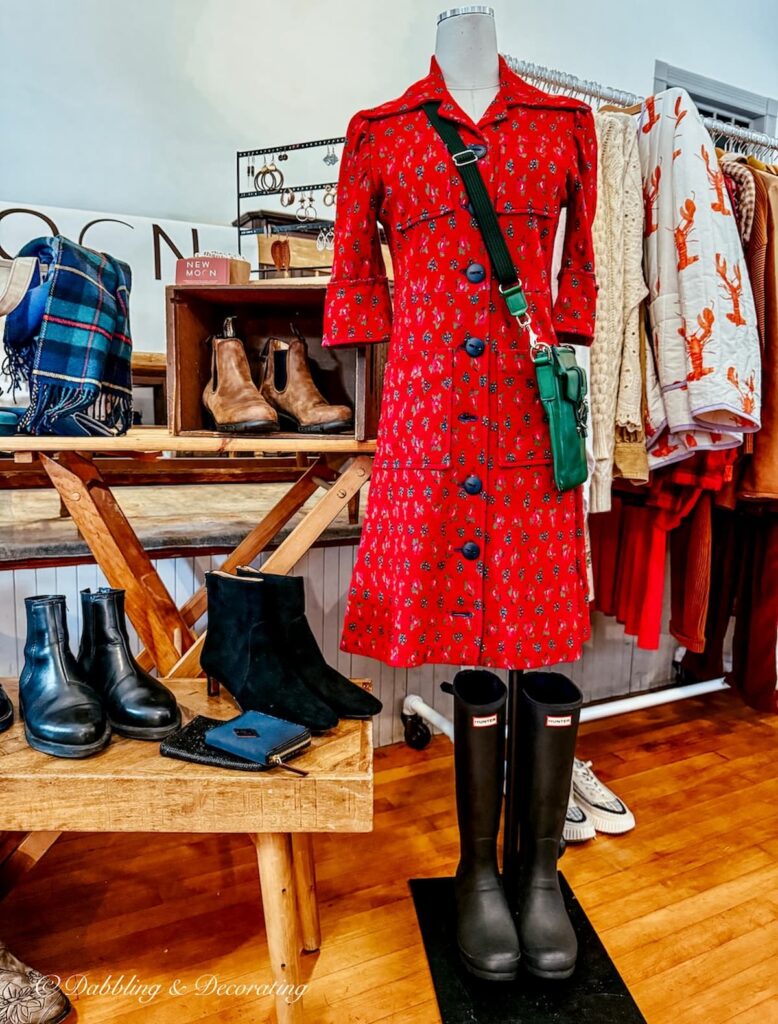 Vintage red dress on mannequin with red Wellies at Vintage and Vogue Market.