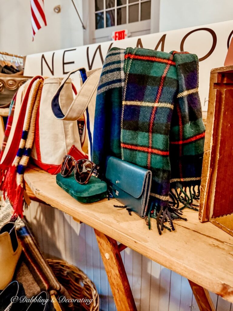 Vintage L.L. Bean bags, scarf, wallet, and sunglasses by New Moon at Vintage and Vogue Market Display.