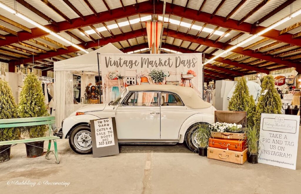 White convertible Volkswagen bug at Vintage Market Days Vermont on a Vermont Fall Weekend.