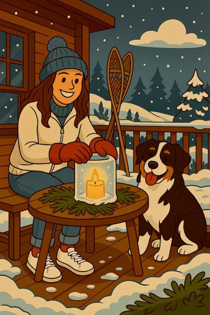 Cartoon of woman on snowy porch with ice lantern and Bernese Mountain Dog in winter decorating ideas.