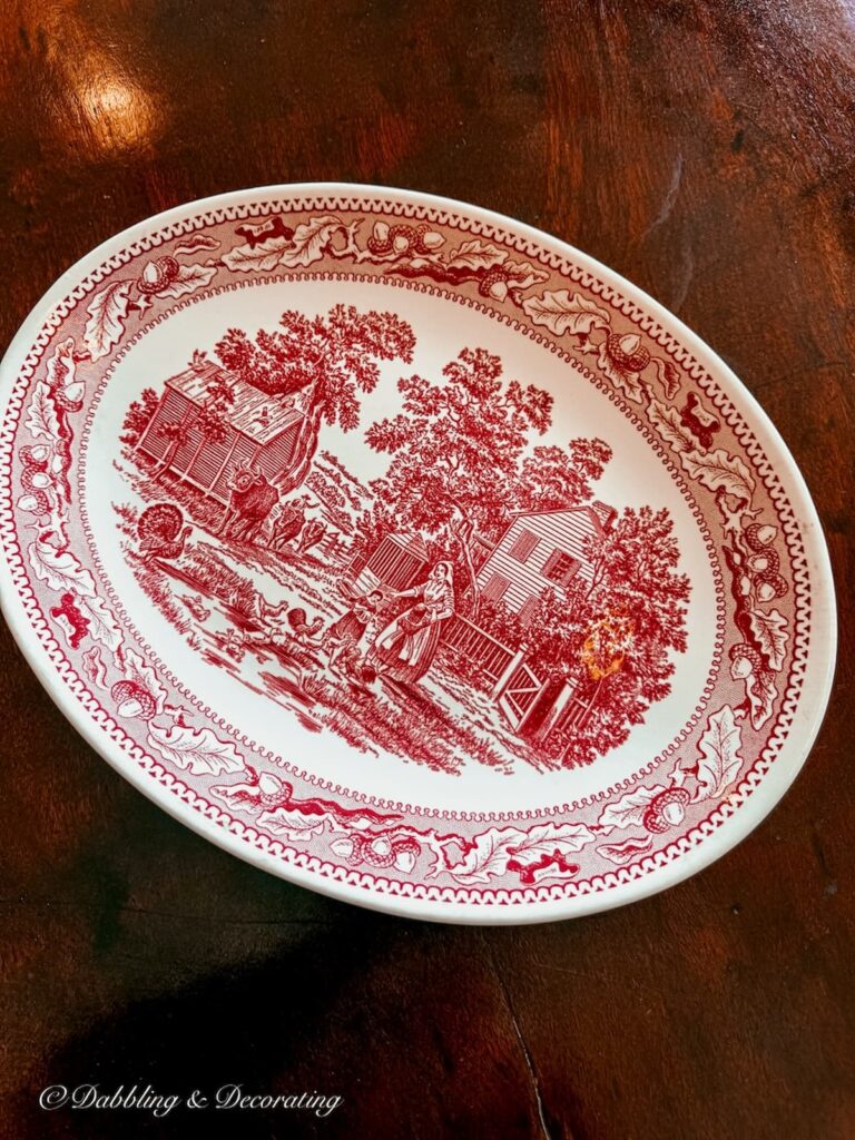 red and white transferware platter for vintage Thanksgiving decor.