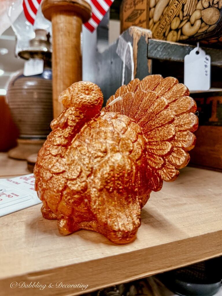 Brown turkey candle on a shelf in an antique store.