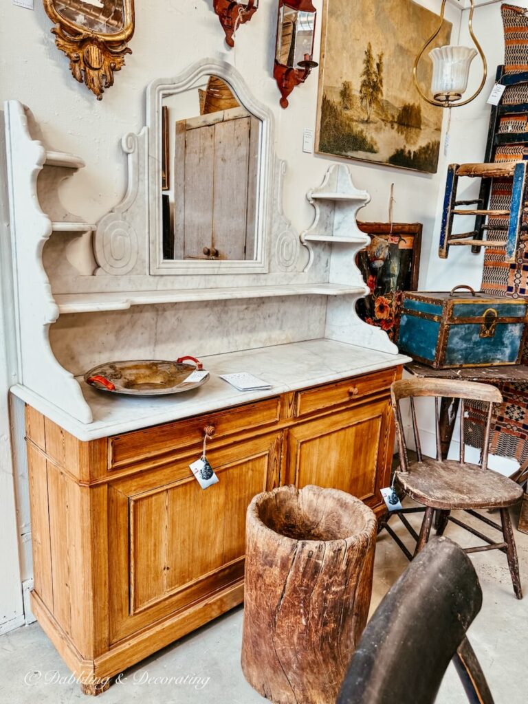 Antique cabinet with marble top antiquing in the Berkshires.