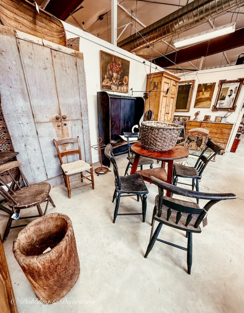 High end primitive antiques inside vendor booth at The Berkshire Galleries of Great Barrington, MA