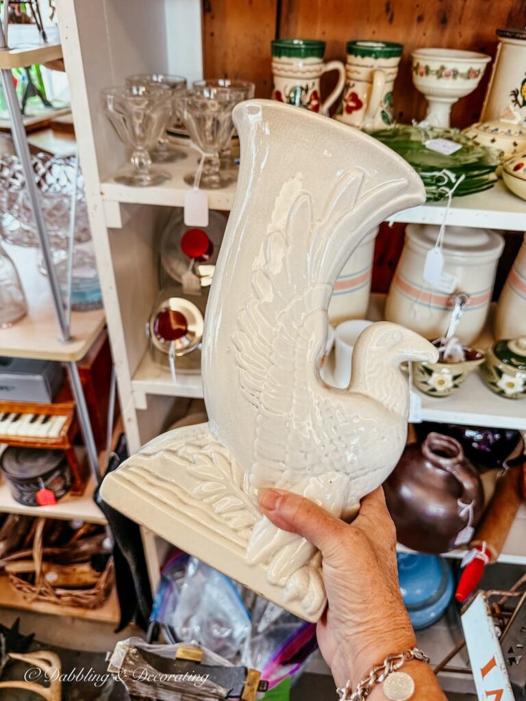 Vintage white McCoy bird vase antiquing in the Berkshires.