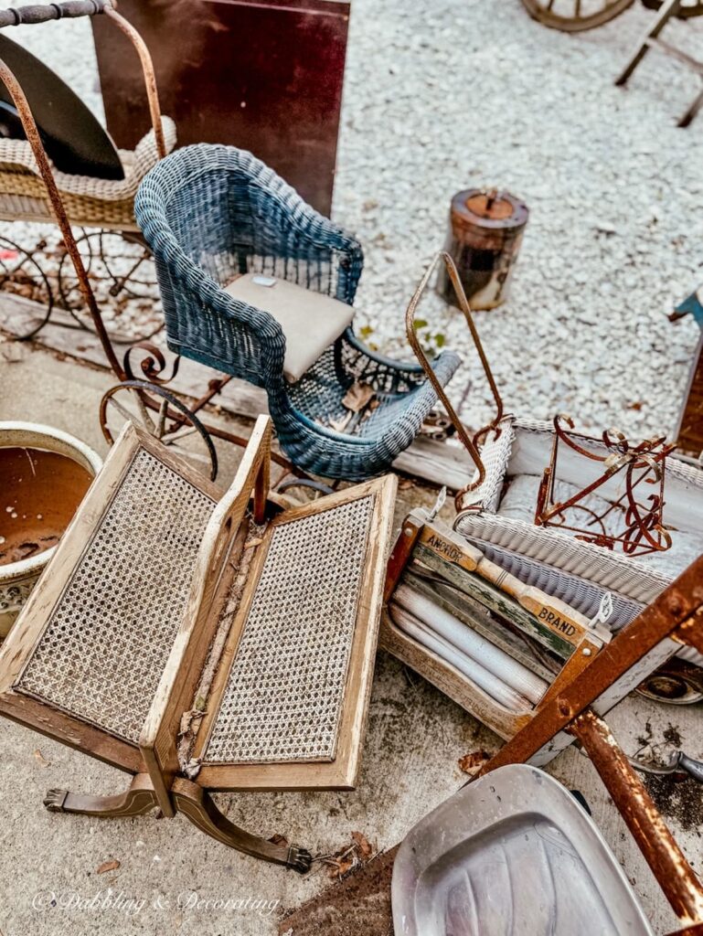 antique Wicker blue baby dollar carriage antiquing in the Berkshires.