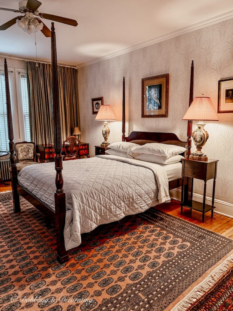 Edison Room guest bedroom with Canopy bed in the Wainwright Inn, Great Barrington, Massachusetts antiquing in the Berkshires.