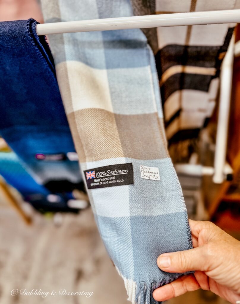 Blue and brown cashmere scarf antiquing in the Berkshires.