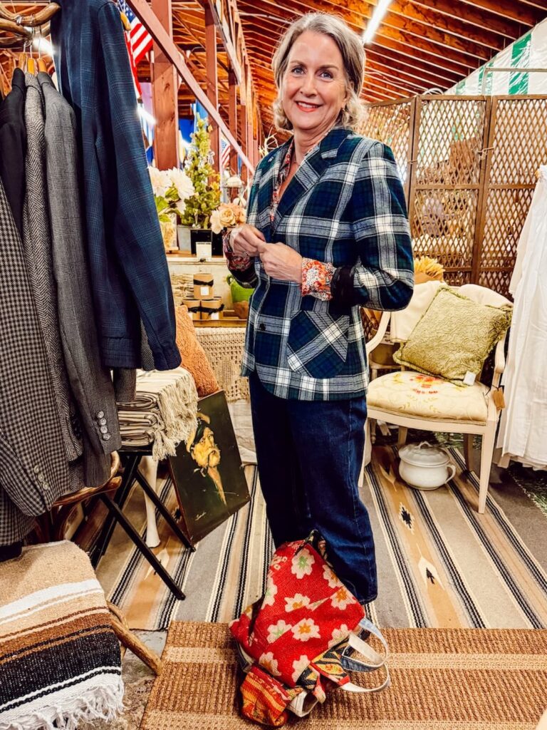 Molly of Molly in Maine blog with vintage plaid blazer at Vintage Market Days Vermont.