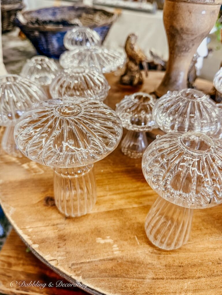 Glass mushrooms for vintage Christmas Decor.