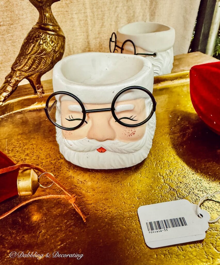Cute Santa Claus white mug with granny glasses for vintage Christmas decor.