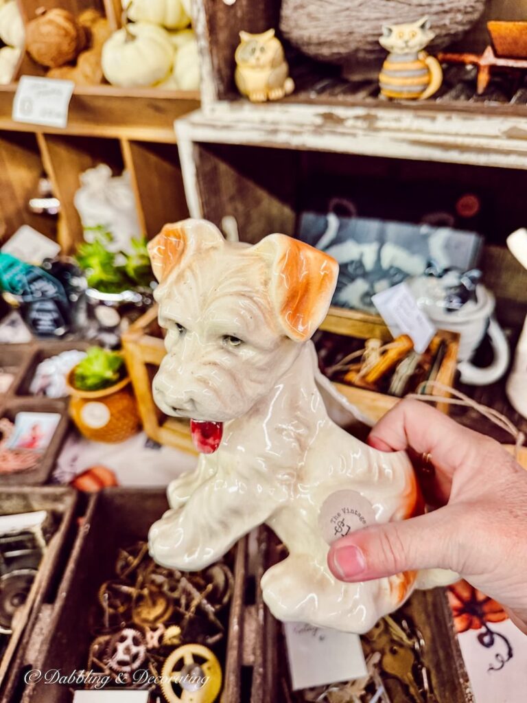 Vintage porcelain puppy dog planter for vintage Christmas decor ideas.