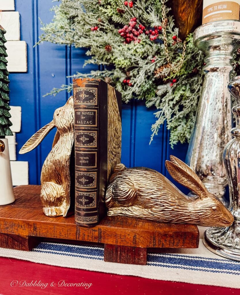 Brass bunny rabbit bookends in Vintage Christmas decor.