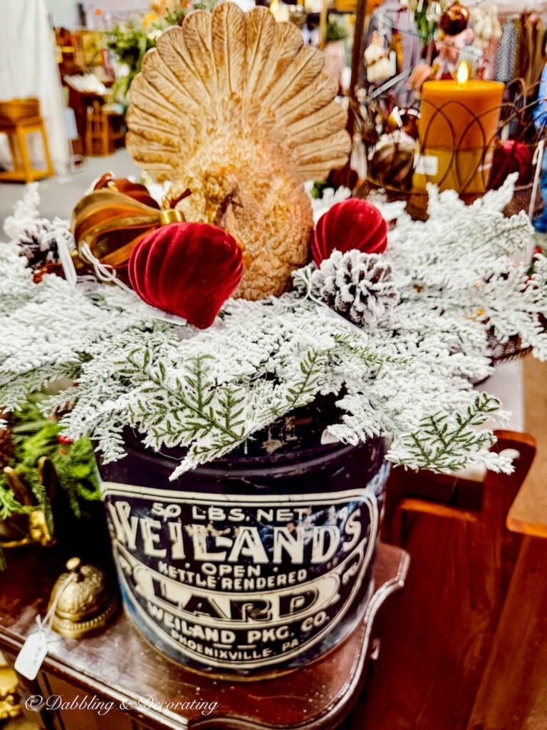 Vintage black tin decorated with vintage Christmas decor and Thanksgiving ideas.