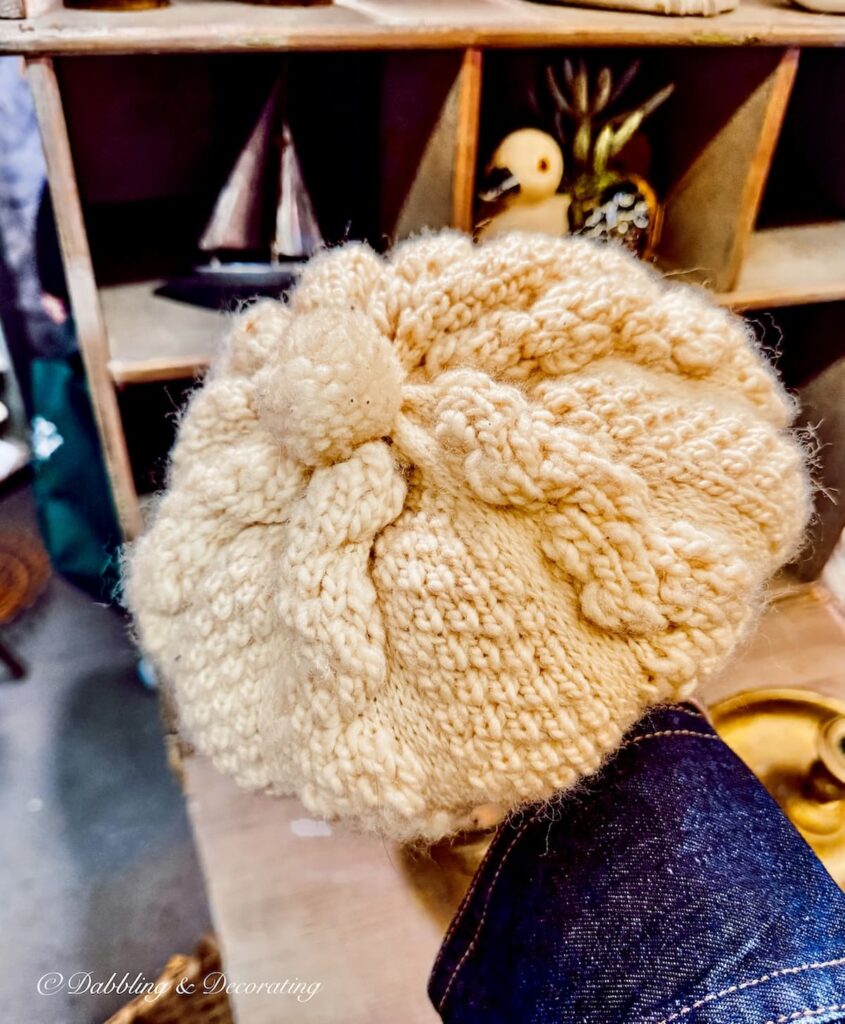 Irish wool hat with pom pom in hand at Vintage Market Days.