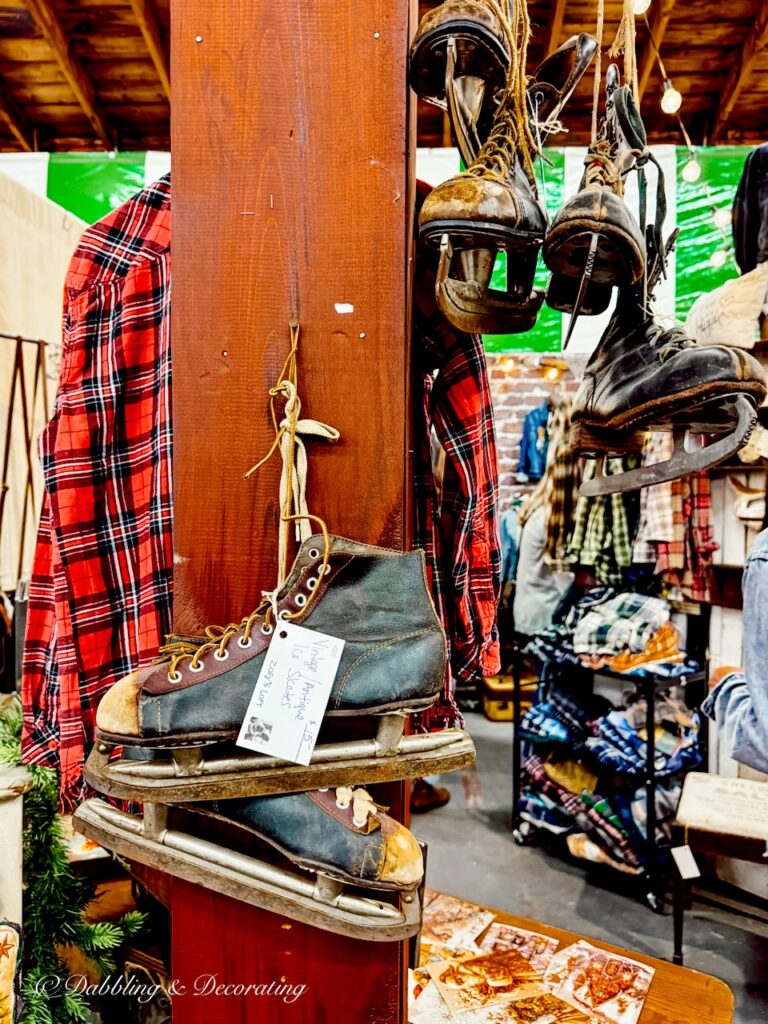 Vintage men's ice hockey skates on display at Vintage Market Days as vintage Christmas decor ideas.