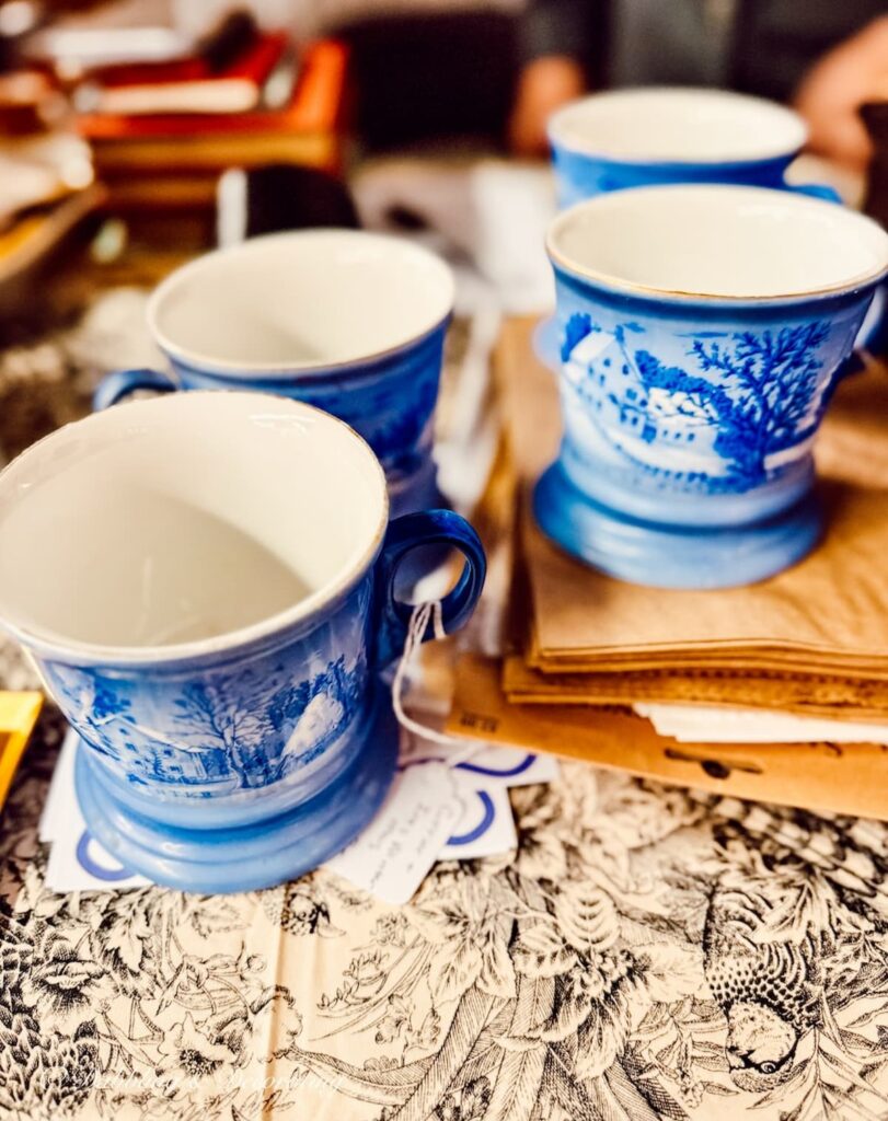 Set of 4 Currier and Ives mugs at Vintage Market Days Vermont.