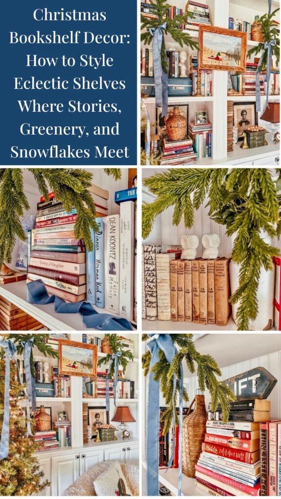 Christmas Bookshelf Decor: How to Style Eclectic Shelves Where Stories, Greenery, and Snowflakes Meet photo collage.