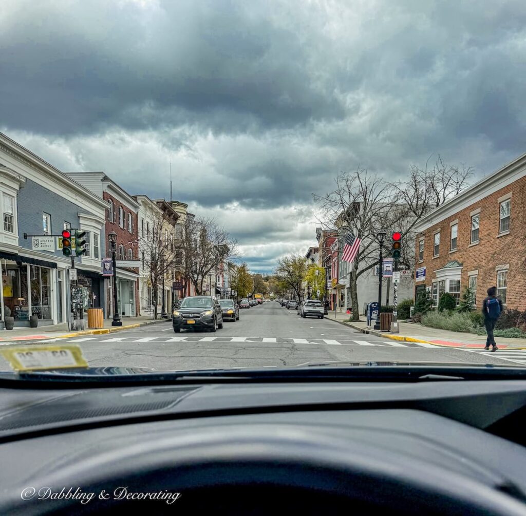 A view of Warren Street from car Hudson, NY antiquing on a cold November day.