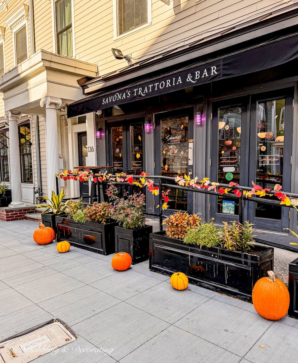 Savona's Trattoria & Bar on Warren Street in Hudson, NY decorated for Fall.