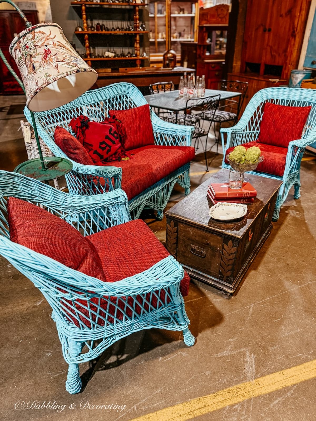 Vintage blue and red wicker set at The Antique Warehouse Hudson, NH.