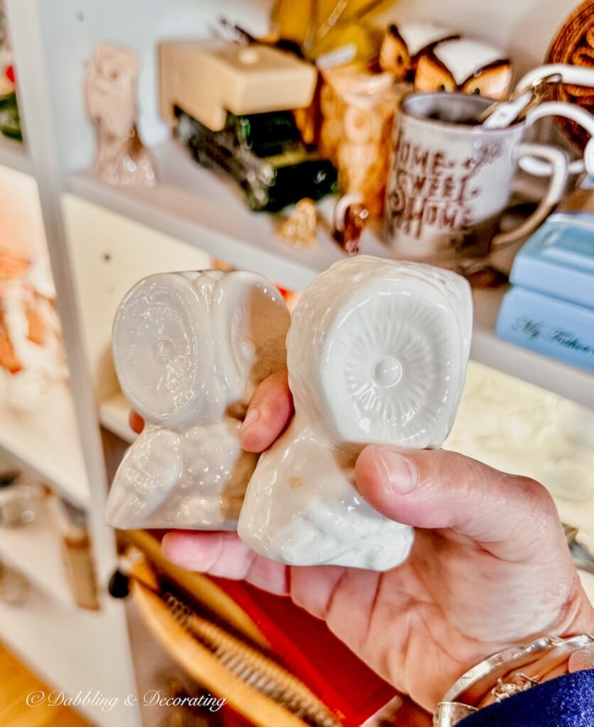 Two smalls, white antique owls in hand at vintage shop in Scranton, PA.
