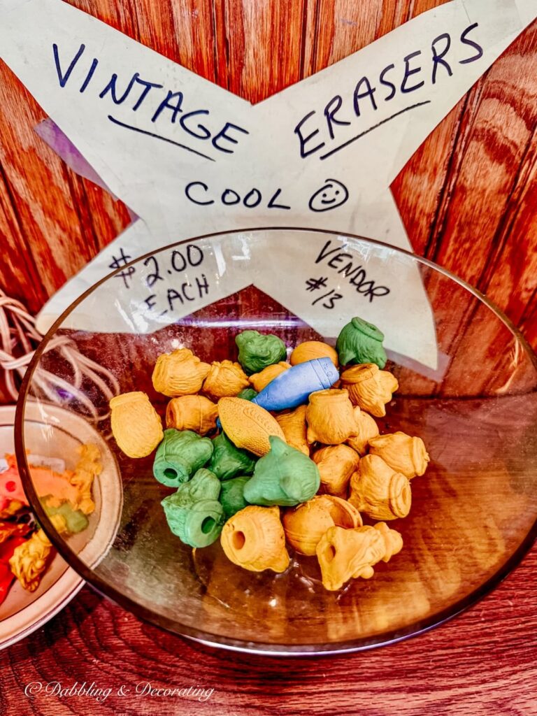 A bowl of vintage pencil erasers at vintage shop in Scranton PA On&On