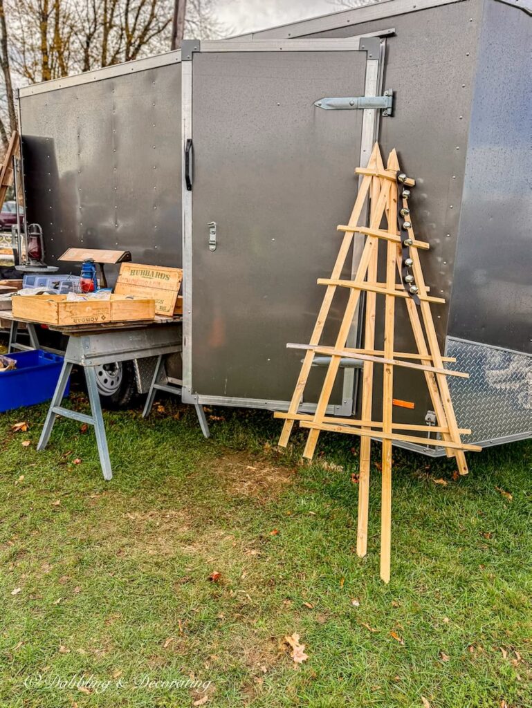 Handmade wooden Christmas trees at Todd Farm Flea Market.