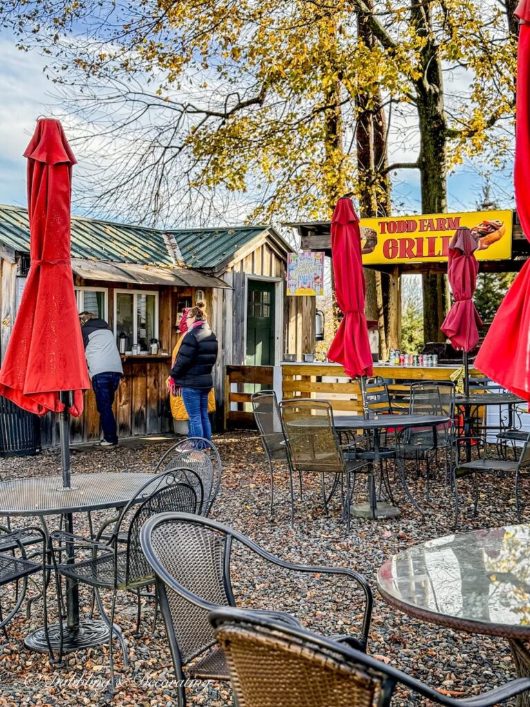 Todd Farm Antiques and Flea Market Grill on an outdoor November morning with tables and umbrellas.