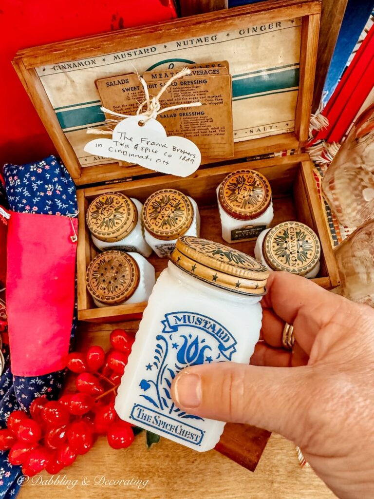 Antique Frank and Brothers spice set at The Vintage Peddler at Todd Farm Antiques and Flea Market in Rowley, Massachusetts.