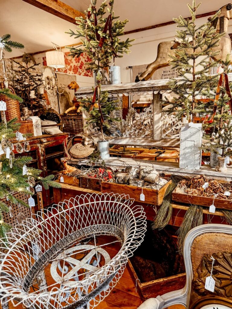 Woodland Christmas display inside The Barn at Todd Farm in Rowley, Massachusetts.
