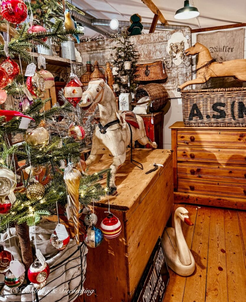Woodland Christmas display inside The Barn at Todd Farm in Rowley, Massachusetts.