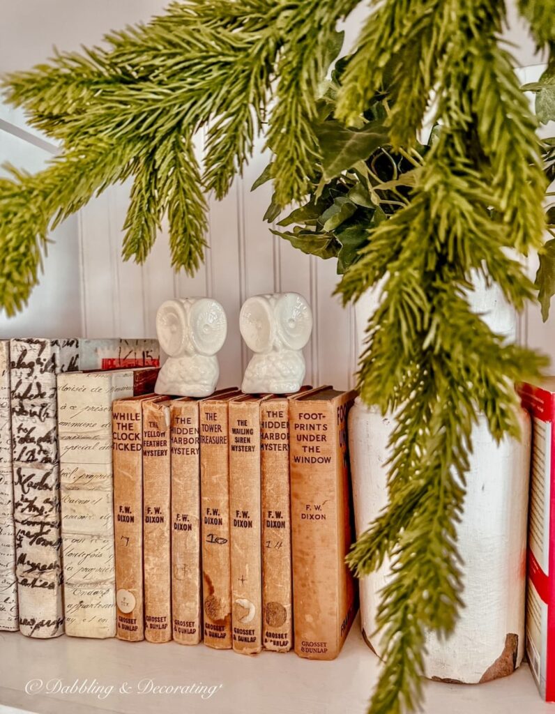 Christmas bookshelf decor with vintage neutral books, small woodland white owls and evergreen snowflake.