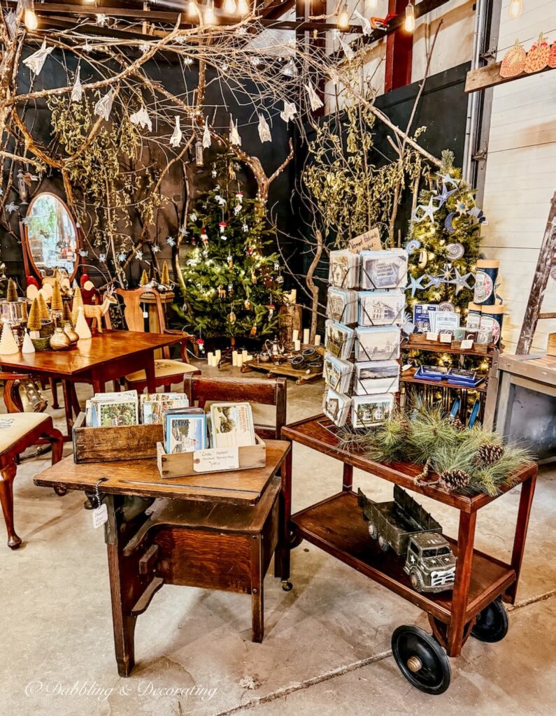 Woodland vintage Christmas display at Barge Canal Market antiquing in Burlington, Vermont.