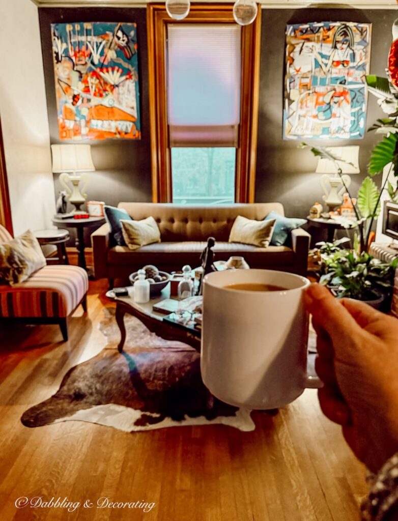 Coffee in hand at The Made INN Vermont antiquing in Burlington, Vermont.