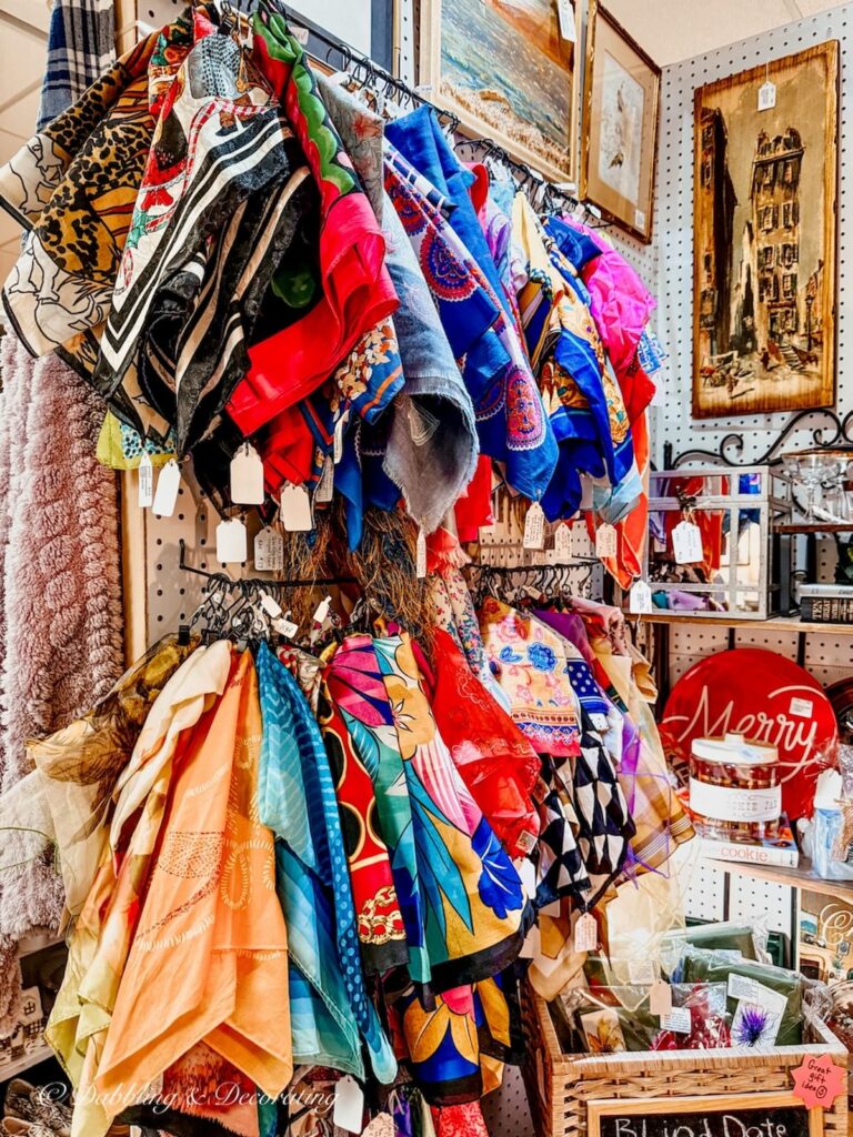 Colorful vintage scarf display antiquing in Burlington, Vermont.