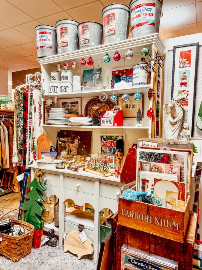 Vintage Vermont booth display for the holidays inside Vintage Inspired Marketplace antiquing in Burlington, Vermont.