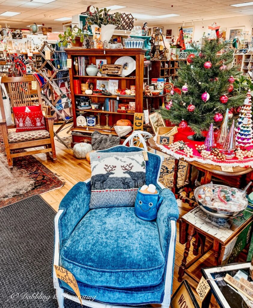 Inside Inspired Vintage Marketplace antiquing in Burlington, Vermont during Christmastime.