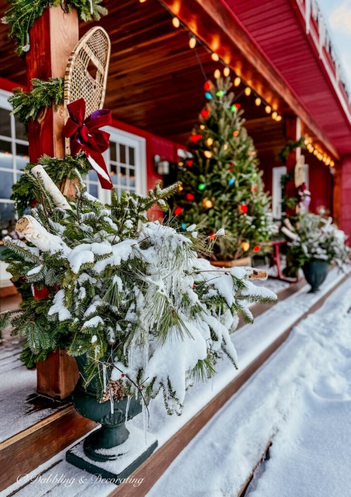 Après Ski Christmas Porch Decor: Vintage Ski Lodge Style In The Vermont Mountains with loads of evergreens in planters, lots of snow and a retro-inspired Christmas tree in a vintage crate and snowshoes with burgundy bows.