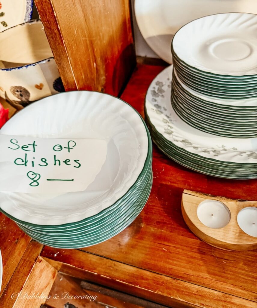 Stack of vintage dishes at the Nifty Thrifty shop in Brandon, Vermont.