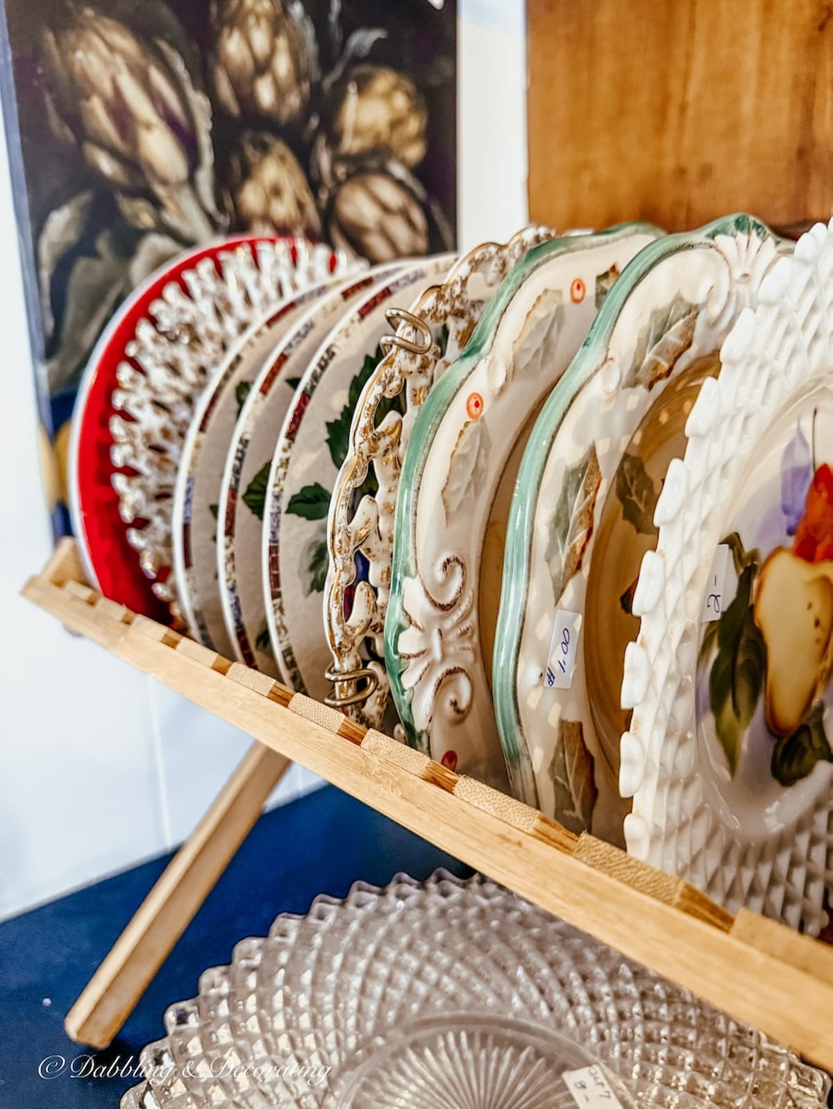 Stack of vintage dishes at the Nifty Thrifty shop in Brandon, Vermont.