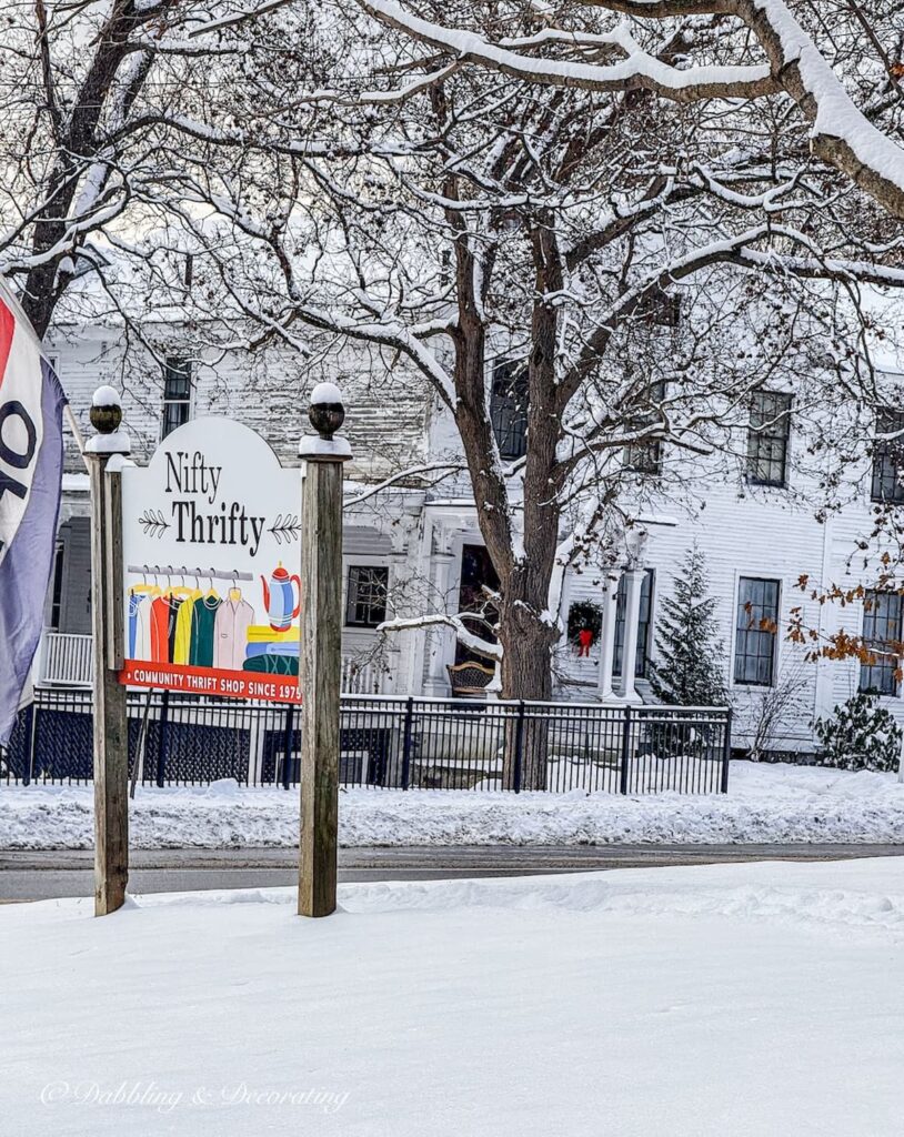 Nifty Thrifty thrift store find looking for antique shops in Brandon, Vermont in the snow.