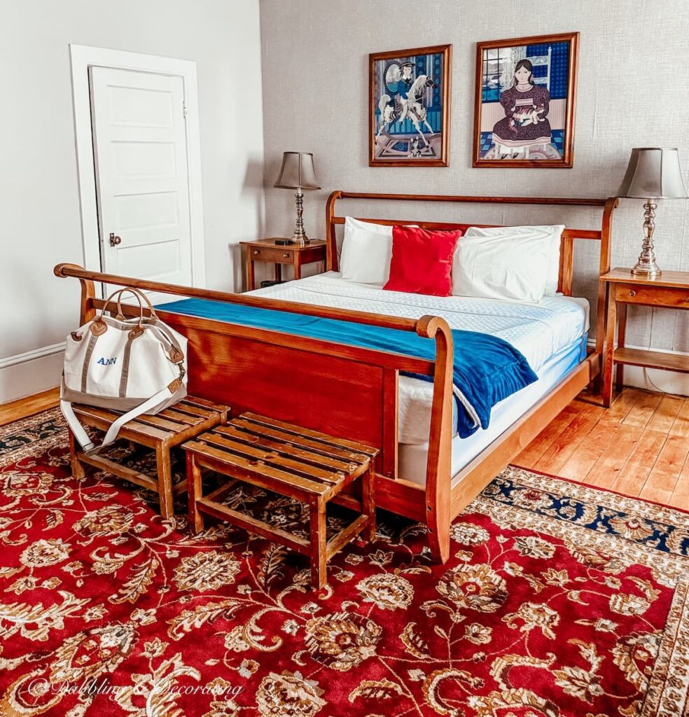 A guest bedroom inside the Brandon Inn in Brandon, Vermont while antiquing.