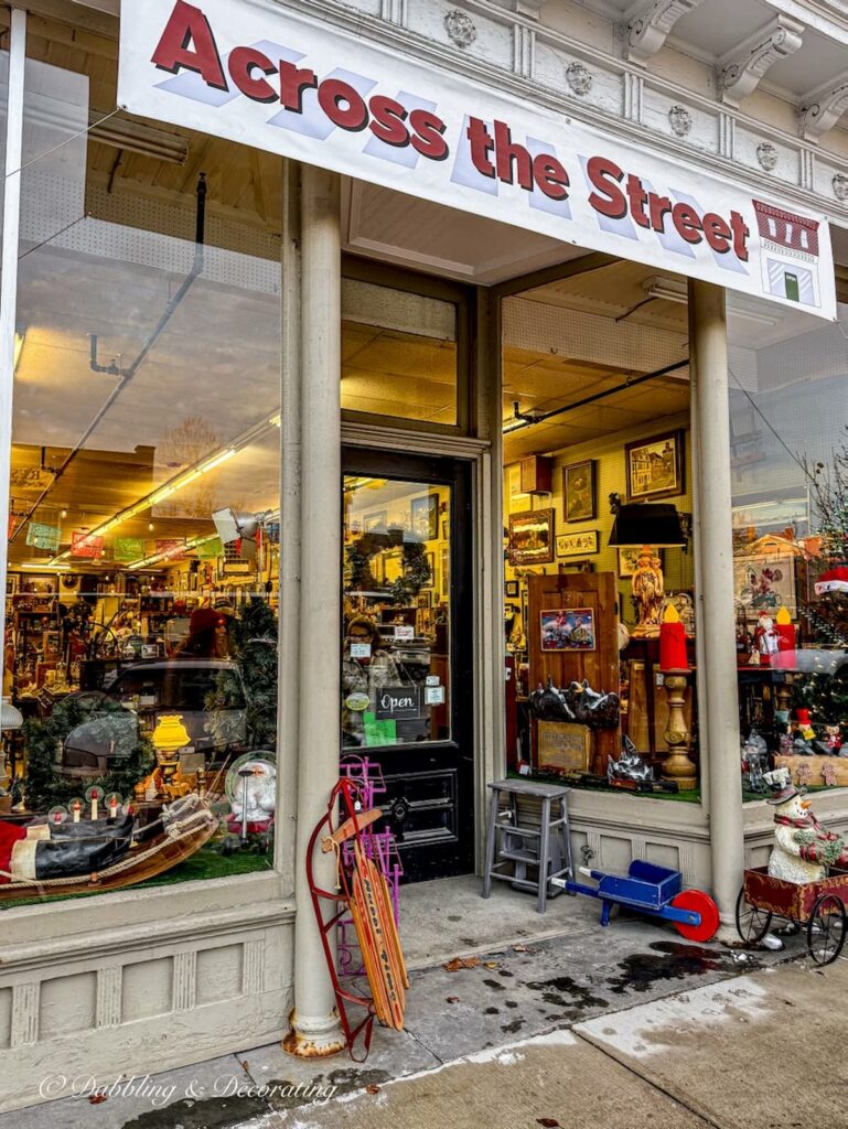 Across the Street Antique shops in Brandon, Vermont during Moonlight Madness.