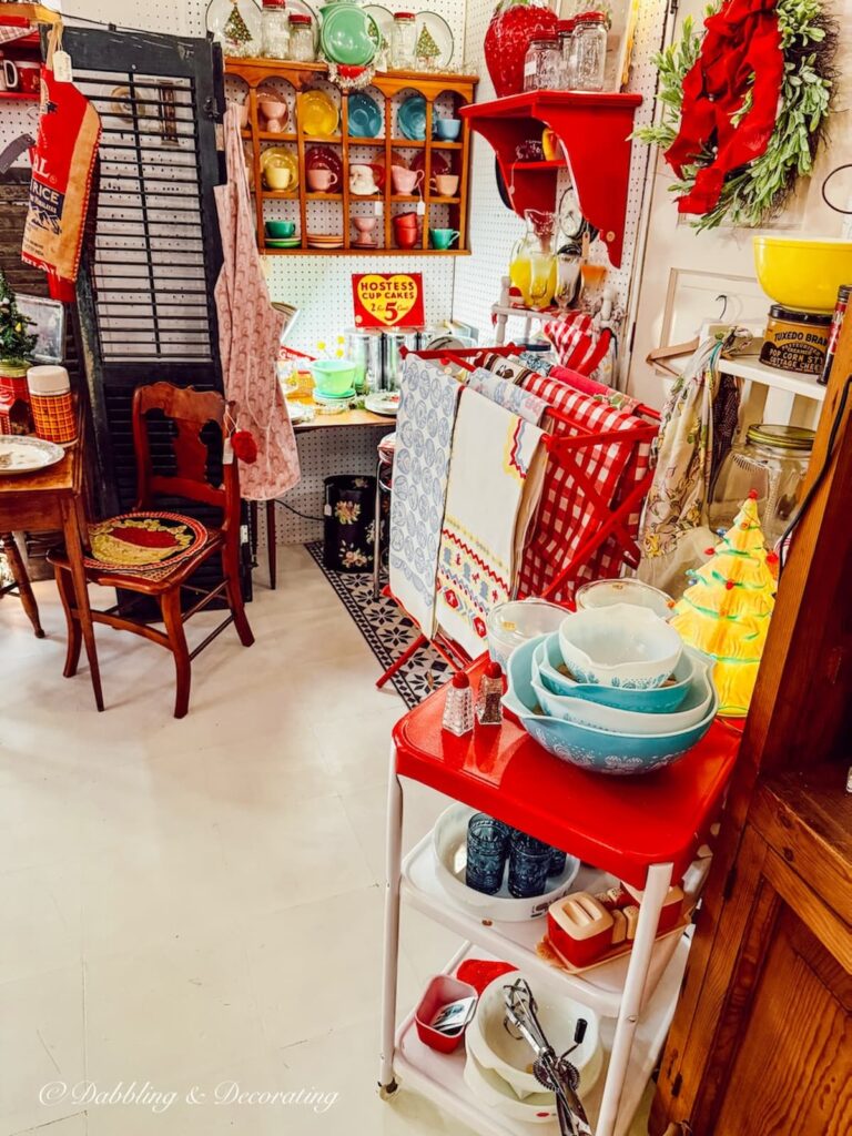Antique shops in Brandon Vermont retro kitchen display with Christmas details.