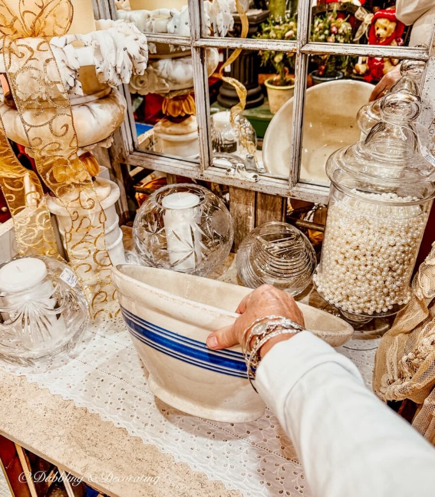Antique crockery bowl with a blue stripe inside the Perfect Image, antique shops in Brandon, Vermont.