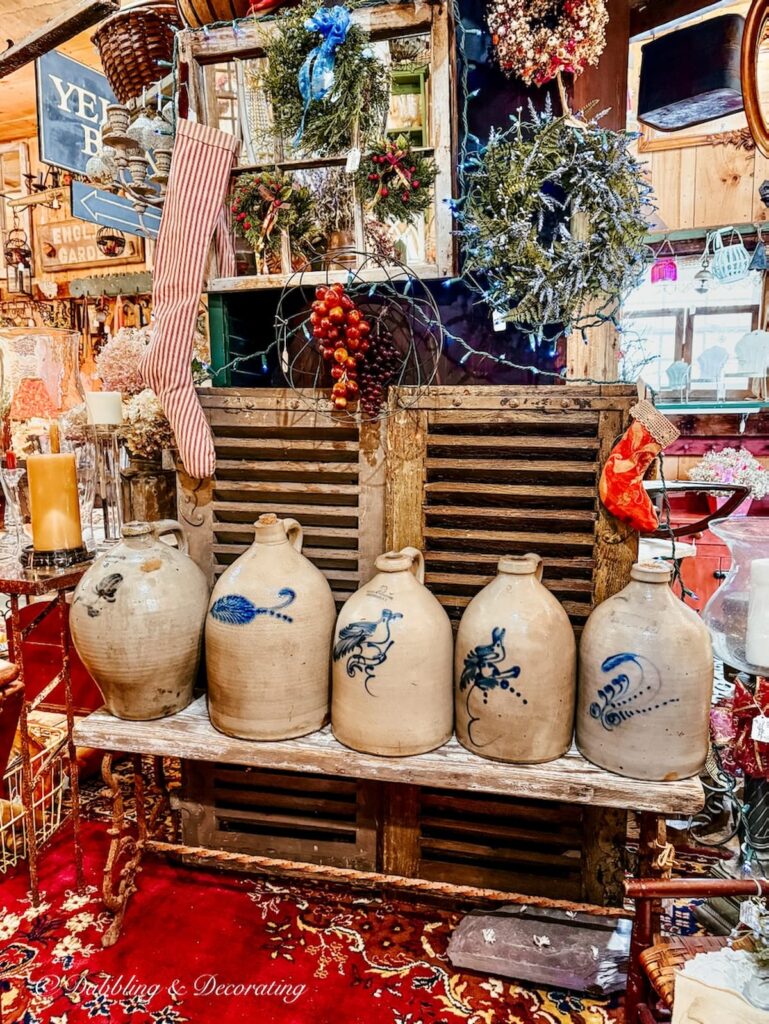 Antique crocks inside the Perfect Image Antiques in Brandon, Vermont.
